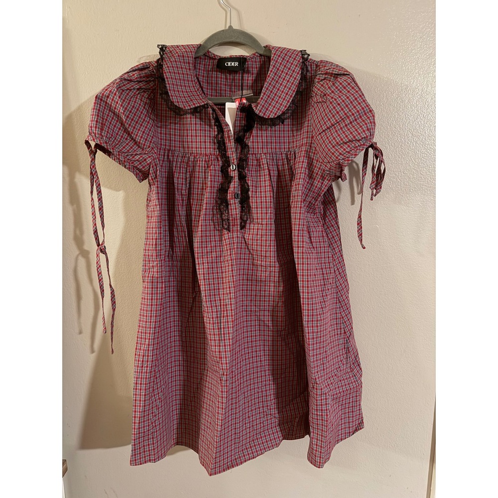 Cider Red Plaid Lace Trim Peter Pan Collar Puff Sleeve Mini Dress NWT Medium